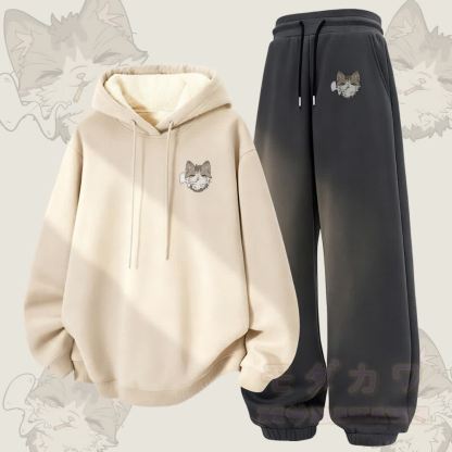 MODAKAWA Smoking Kitty Grafik – Zweiteiliges Set aus dick gefüttertem Hoodie und Hose mit Fleece-Futter - Aprikose & Dunkelgrau - 5XL - image 1