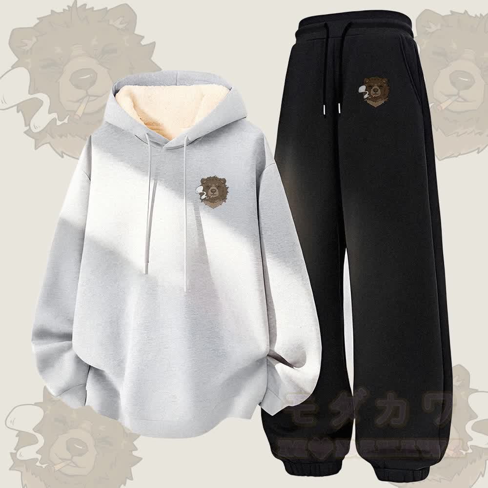 MODAKAWA Smoking Bear Grafik, dick gefütterter Hoodie und Hose, zweiteiliges Set - Grau & Schwarz - 5XL - image 1