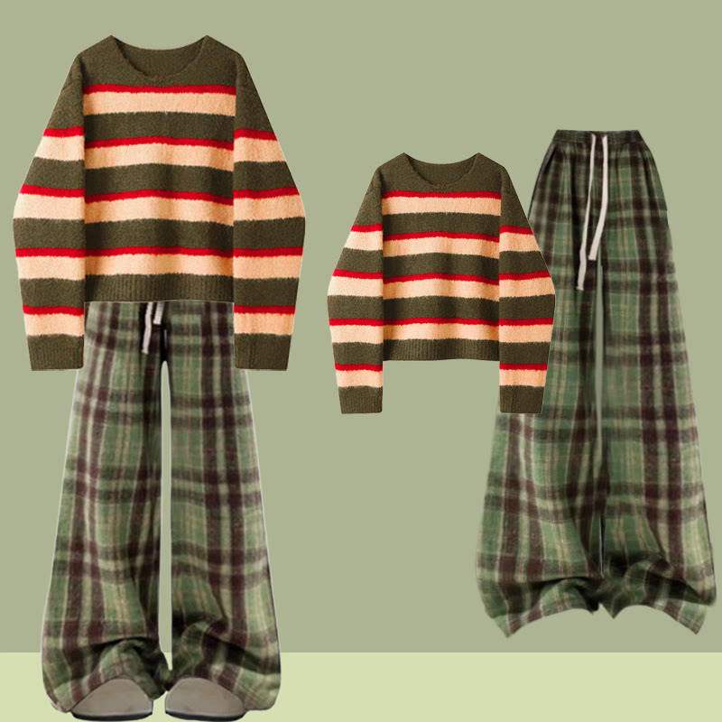 Gestreifter Strickpullover, karierte Hose, passendes Outfit - Set - XL - image 1