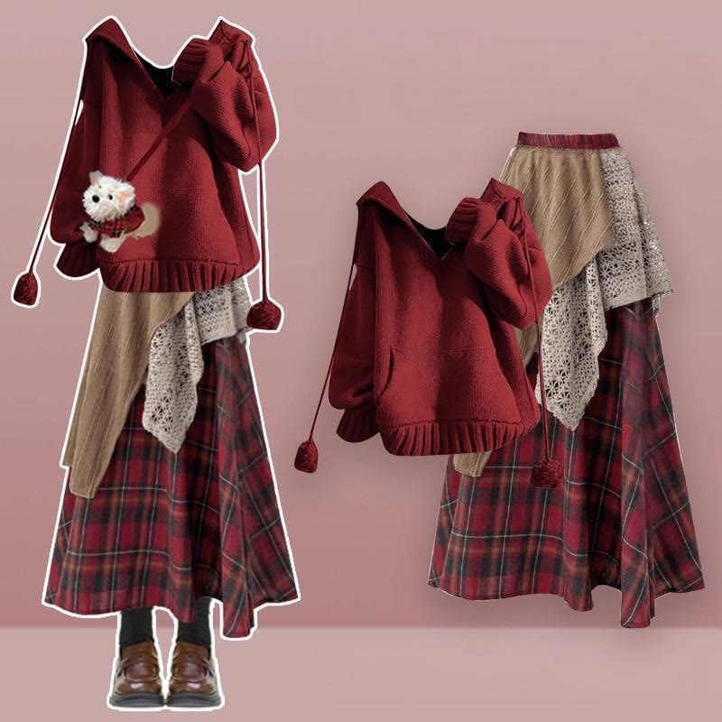 Strickpullover mit Taschen, karierter Rock, passendes Outfit - Set - XL - image 1