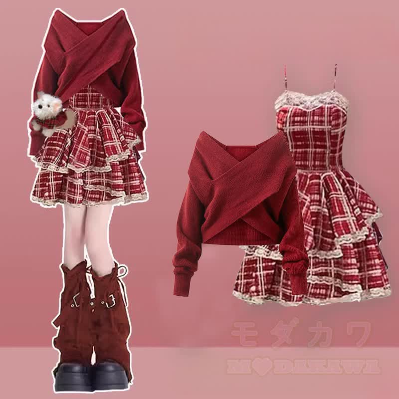 Dreiteiliges Set: Strickpullover, kariertes Unterkleid, Stulpen und Strickkleid - Satz B - XL - image 2