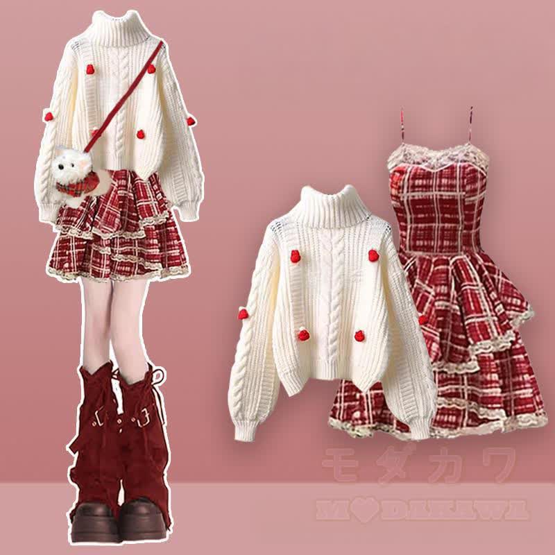 Dreiteiliges Set: Strickpullover, kariertes Unterkleid, Stulpen und Strickkleid - Satz A - XL - image 1