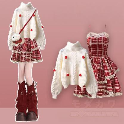 Dreiteiliges Set: Strickpullover, kariertes Unterkleid, Stulpen und Strickkleid - Satz A - XL - image 1