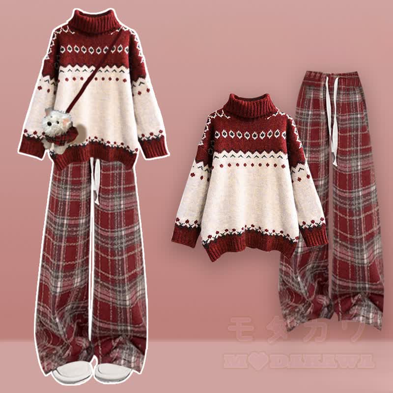 Zweiteiliges Set: Strickpullover mit Farben -Design und weite Hose - Satz B - XL - image 2