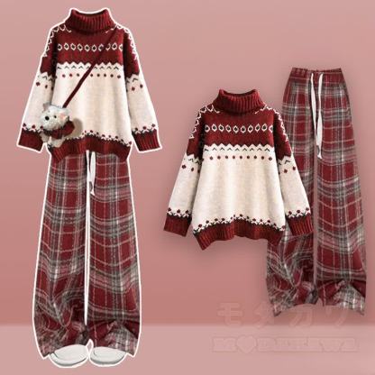 Zweiteiliges Set: Strickpullover mit Farben -Design und weite Hose - Satz B - XL - image 2