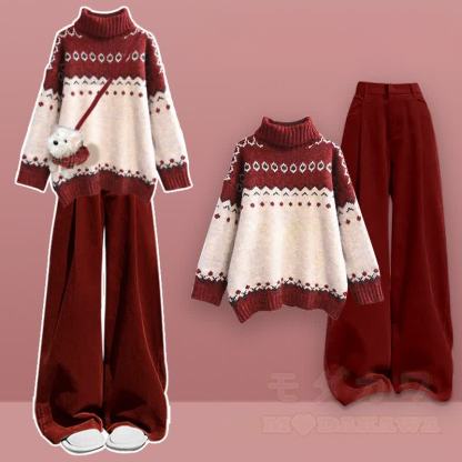 Zweiteiliges Set: Strickpullover mit Farben -Design und weite Hose - Satz A - XL - image 1