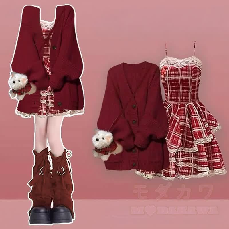 Dreiteiliges Set: Strickpullover, kariertes Unterkleid, Stulpen und Strickkleid - Satz D - XL - image 4