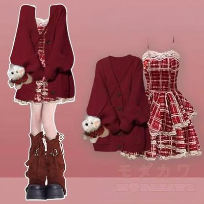 Dreiteiliges Set: Strickpullover, kariertes Unterkleid, Stulpen und Strickkleid - Satz D - XL - image 4