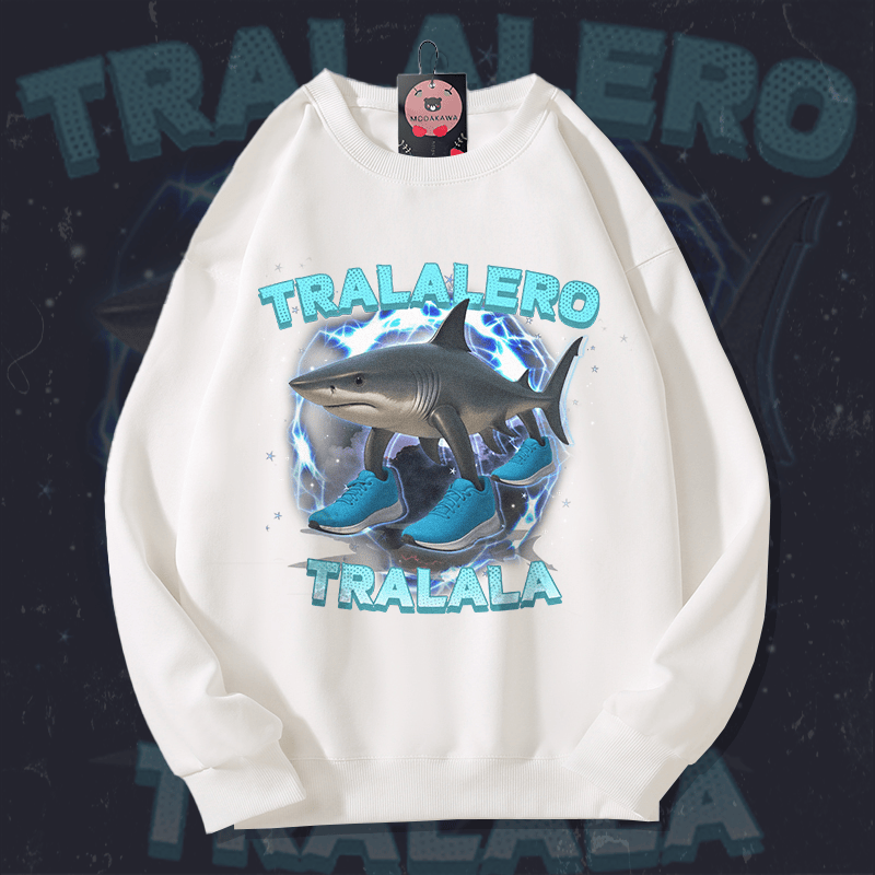 MODAKAWA TRALALERO TRALALA Shark Graphic Unisex Sweatshirt - White - 5XL - image 1