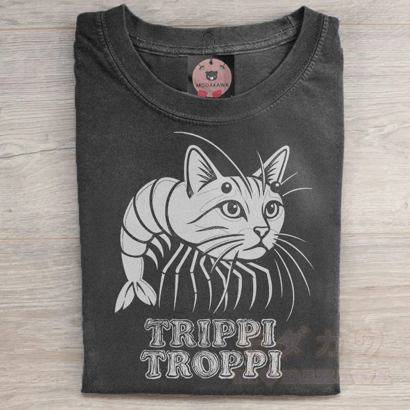 MODAKAWA TRIPPI TROPPI Katzen- und Garnelen-Grafik Unisex Vintage Washed T-Shirt - Schwarz - 5XL - image 1