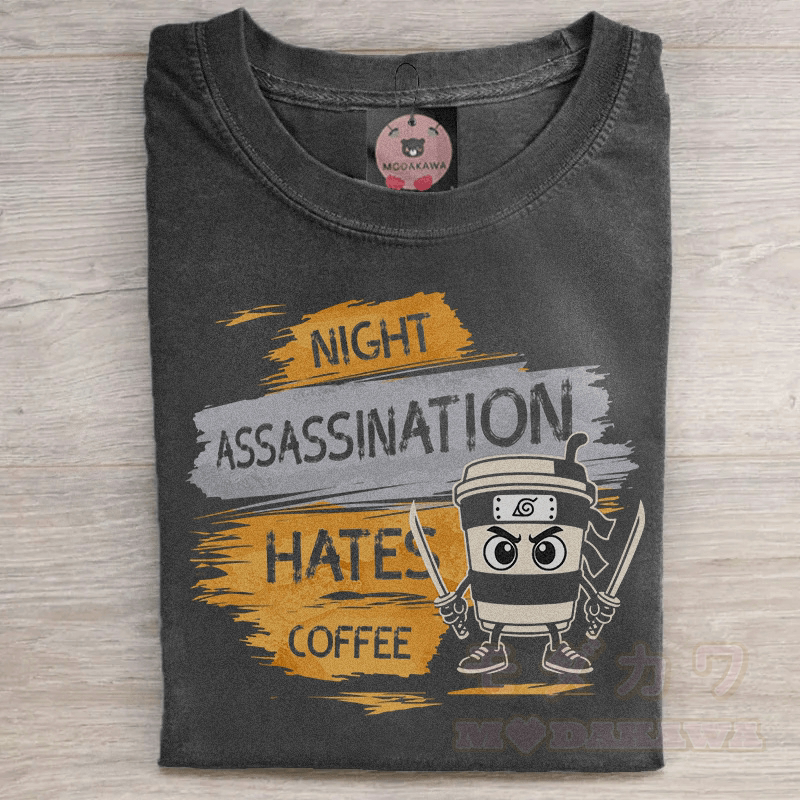 MODAKAWA Coffee Ninja Grafik Unisex Vintage Washed T-Shirt - Schwarz - 5XL - image 1