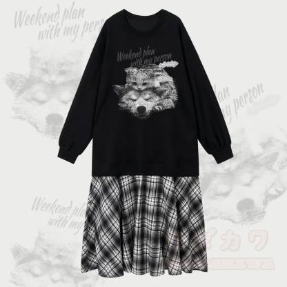 MODAKAWA WOCHENENDPLAN MIT MEINER PERSON Kitty Puppy Grafik Faux Layered Plaid Sweatshirtkleid - Schwarz - 2XL - image 1