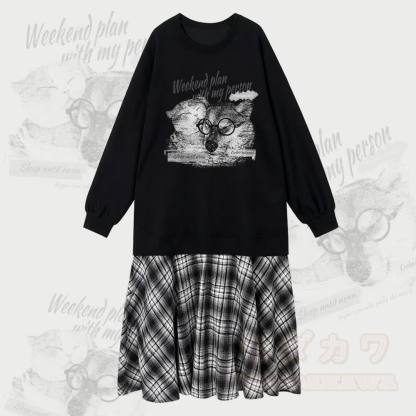 MODAKAWA WOCHENENDPLAN MIT MEINER PERSON Welpen- und Kätzchen-Grafik-Sweatshirtkleid mit Karomuster und Lagenlook - Schwarz - 2XL - image 1