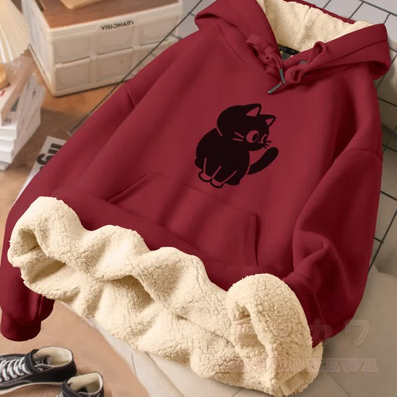 MODAKAWA Winterhoodie mit schwarzem Katzenmotiv, dick gefüttert mit Fleece - Weinrot - 2XL - image 2