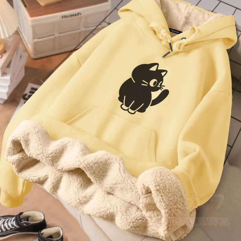 MODAKAWA Winterhoodie mit schwarzem Katzenmotiv, dick gefüttert mit Fleece - Gelb - 2XL - image 1