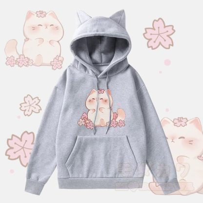 MODAKAWA Sakura Kitty Kapuzenpullover mit Katzenohrentasche und Fleece-Futter - Grau - 2XL - image 2