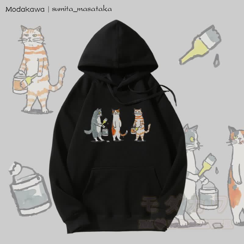 MODAKAWA X sumita_masataka Kapuzenpullover mit Fleece-Futter und Katzenmaler-Grafik - Schwarz - 5XL - image 5