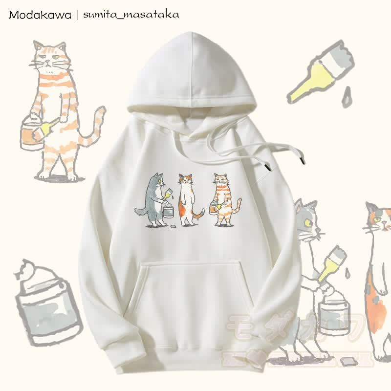 MODAKAWA X sumita_masataka Kapuzenpullover mit Fleece-Futter und Katzenmaler-Grafik - Weiß - 5XL - image 4