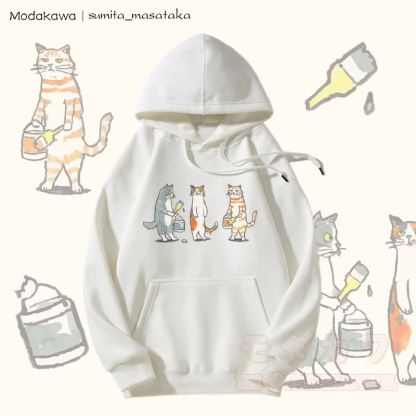 MODAKAWA X sumita_masataka Kapuzenpullover mit Fleece-Futter und Katzenmaler-Grafik - Weiß - 5XL - image 4