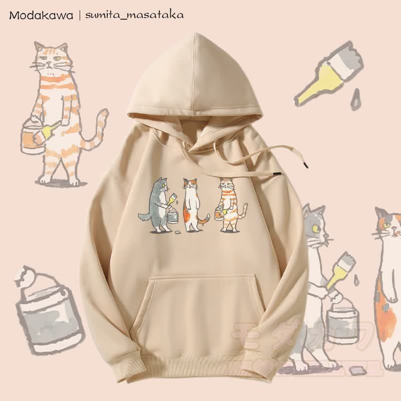 MODAKAWA X sumita_masataka Kapuzenpullover mit Fleece-Futter und Katzenmaler-Grafik - Aprikose - 5XL - image 2