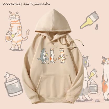 MODAKAWA X sumita_masataka Kapuzenpullover mit Fleece-Futter und Katzenmaler-Grafik - Aprikose - 5XL - image 2