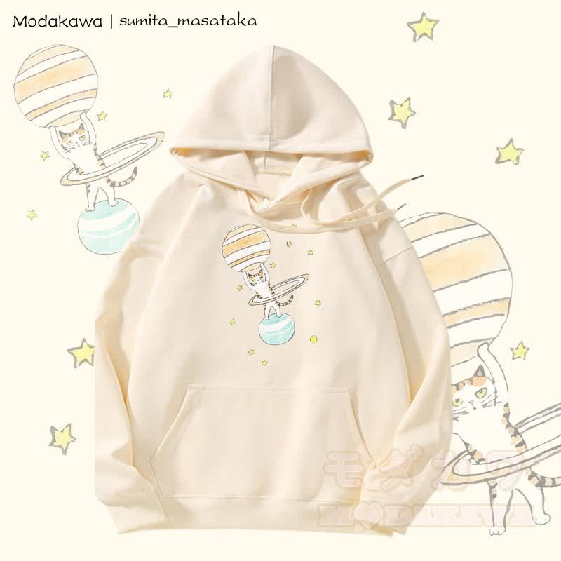 MODAKAWA X sumita_masataka Kapuzenpullover mit Fleece-Futter und Katzen-Lifting-Saturn-Grafik - Beige - 5XL - image 3