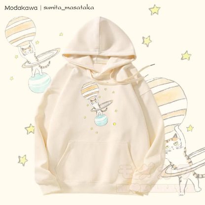MODAKAWA X sumita_masataka Kapuzenpullover mit Fleece-Futter und Katzen-Lifting-Saturn-Grafik - Beige - 5XL - image 3
