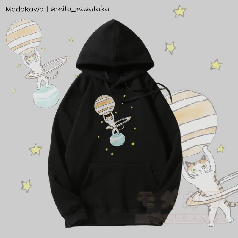 MODAKAWA X sumita_masataka Kapuzenpullover mit Fleece-Futter und Katzen-Lifting-Saturn-Grafik - Schwarz - 5XL - image 1