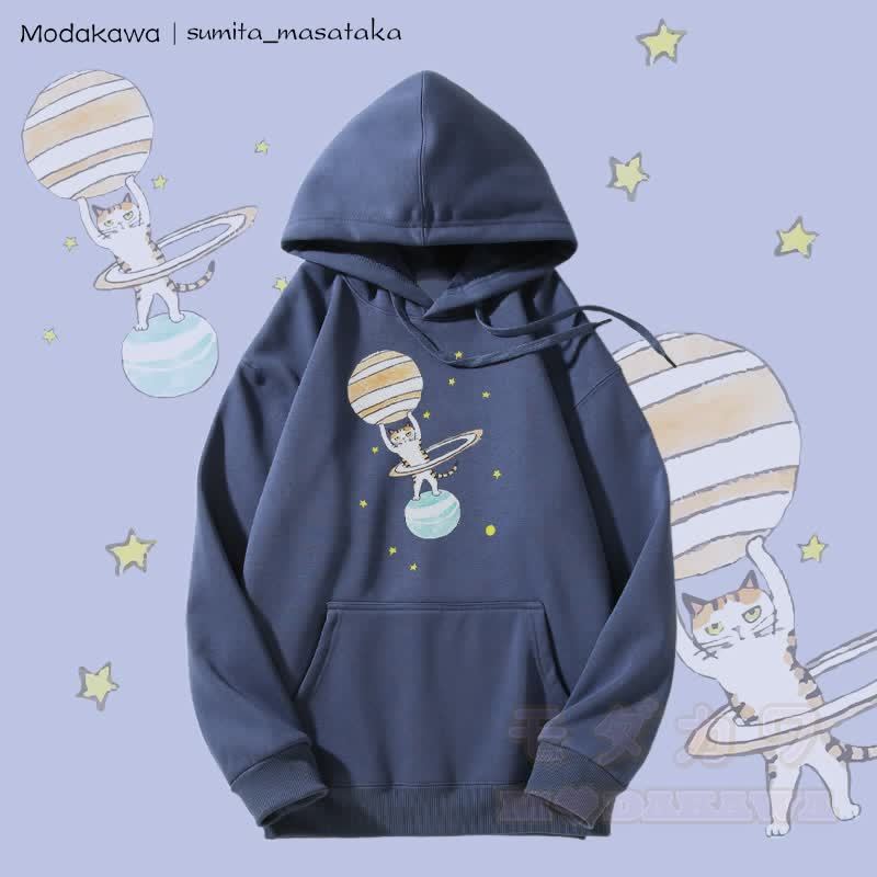 MODAKAWA X sumita_masataka Kapuzenpullover mit Fleece-Futter und Katzen-Lifting-Saturn-Grafik - Staubiges Blau - 5XL - image 2