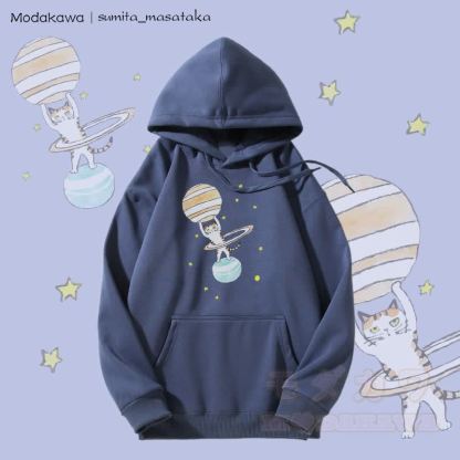 MODAKAWA X sumita_masataka Kapuzenpullover mit Fleece-Futter und Katzen-Lifting-Saturn-Grafik - Staubiges Blau - 5XL - image 2