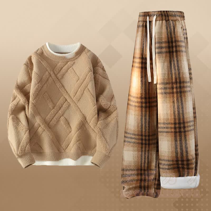 Zweiteiliger Pullover in Lagen-Strickoptik, karierte Hose mit Fleecefutter - Satz B - 2XL - image 2