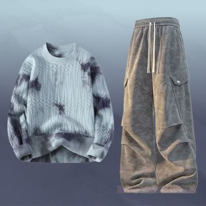 Zweiteiliger Strickpullover mit Batikmuster und Cargohose - Satz B - 3XL - image 2