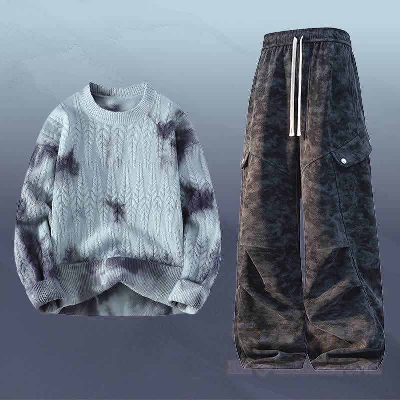 Zweiteiliger Strickpullover mit Batikmuster und Cargohose - Satz A - 3XL - image 1