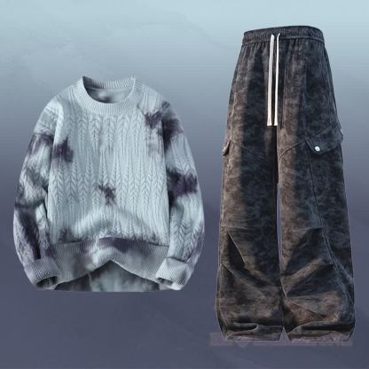 Zweiteiliger Strickpullover mit Batikmuster und Cargohose - Satz A - 3XL - image 1