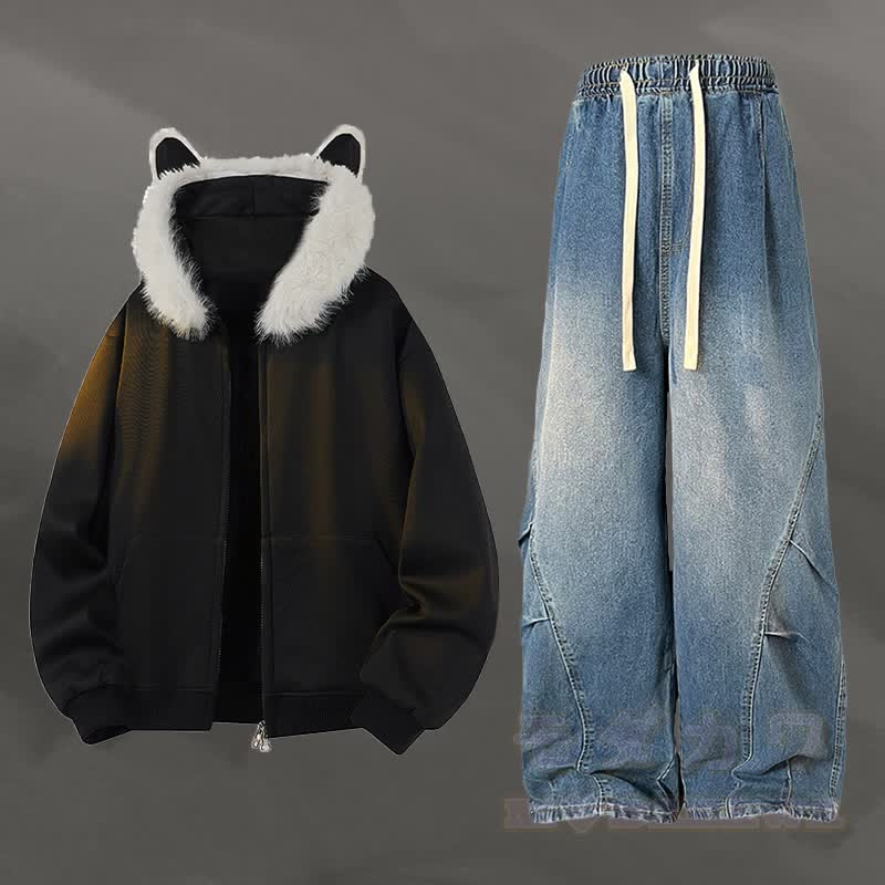 Zweiteiliger Hoodie mit Tierohren, Fleece-Futter, Reißverschluss und Jeans - Satz B - 2XL - image 2