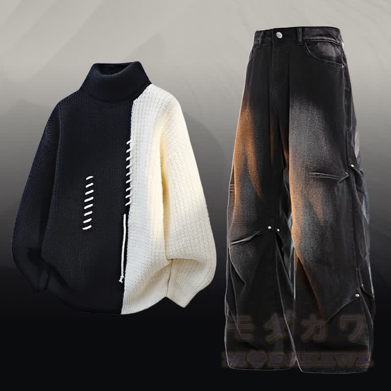 Zweiteiler mit Rollkragenpullover , Farben abgesetztem Fleecefutter und Jeans - Satz D - 3XL - image 4