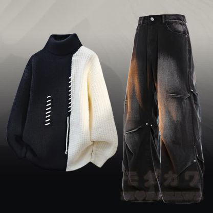 Zweiteiler mit Rollkragenpullover , Farben abgesetztem Fleecefutter und Jeans - Satz D - 3XL - image 4