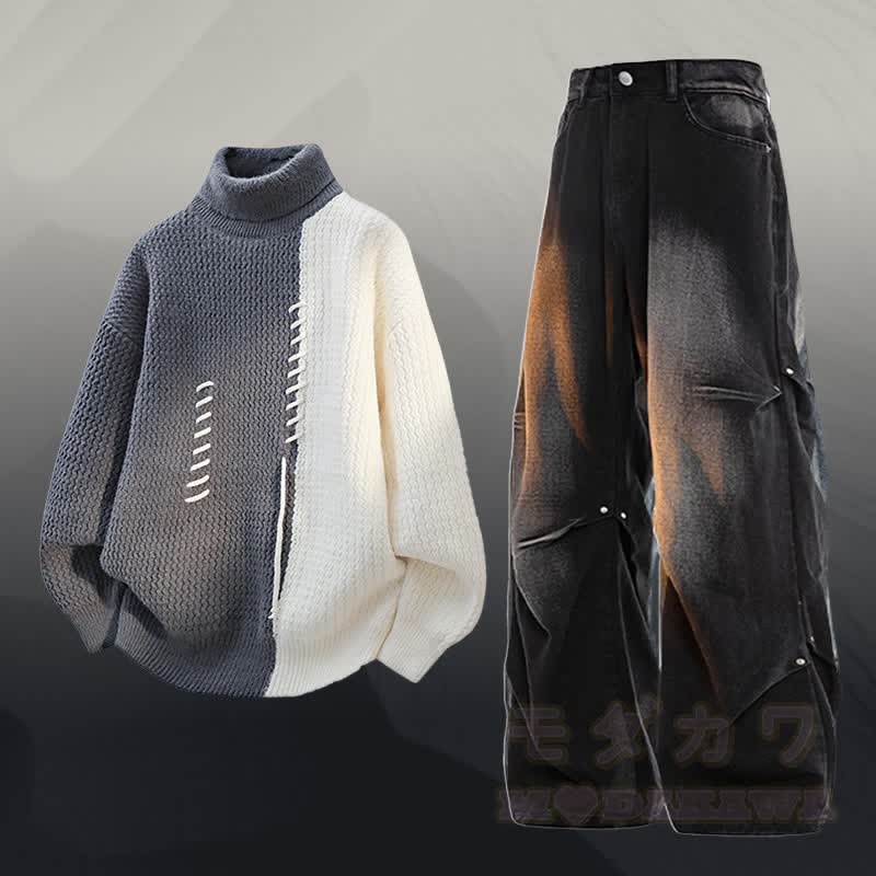 Zweiteiler mit Rollkragenpullover , Farben abgesetztem Fleecefutter und Jeans - Satz A - 3XL - image 1