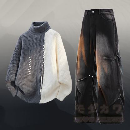 Zweiteiler mit Rollkragenpullover , Farben abgesetztem Fleecefutter und Jeans - Satz A - 3XL - image 1