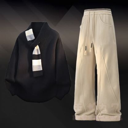 Zweiteiliges Set: V-Ausschnitt-Strickpullover mit Streifenmuster, Farben abgesetzte, fleecegefütterte Hose - Satz B - 4XL - image 2