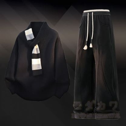 Zweiteiliges Set: V-Ausschnitt-Strickpullover mit Streifenmuster, Farben abgesetzte, fleecegefütterte Hose - Satz A - 4XL - image 1