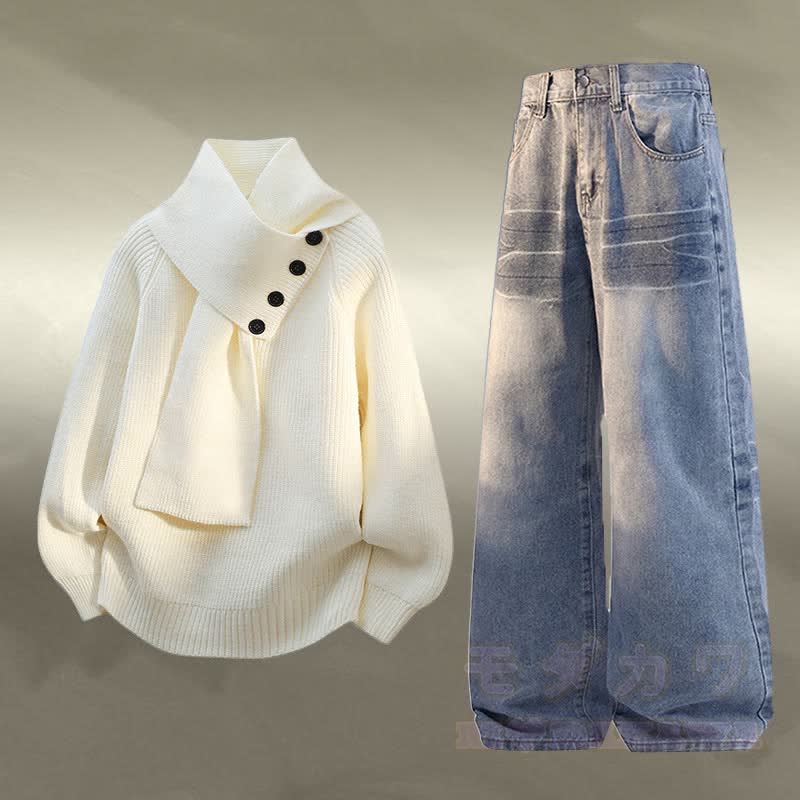 Zweiteiler: Strickpullover mit Fleecefutter und Jeans - Satz B - 3XL - image 2