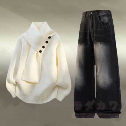 Zweiteiler: Strickpullover mit Fleecefutter und Jeans - Satz A - 3XL - image 1