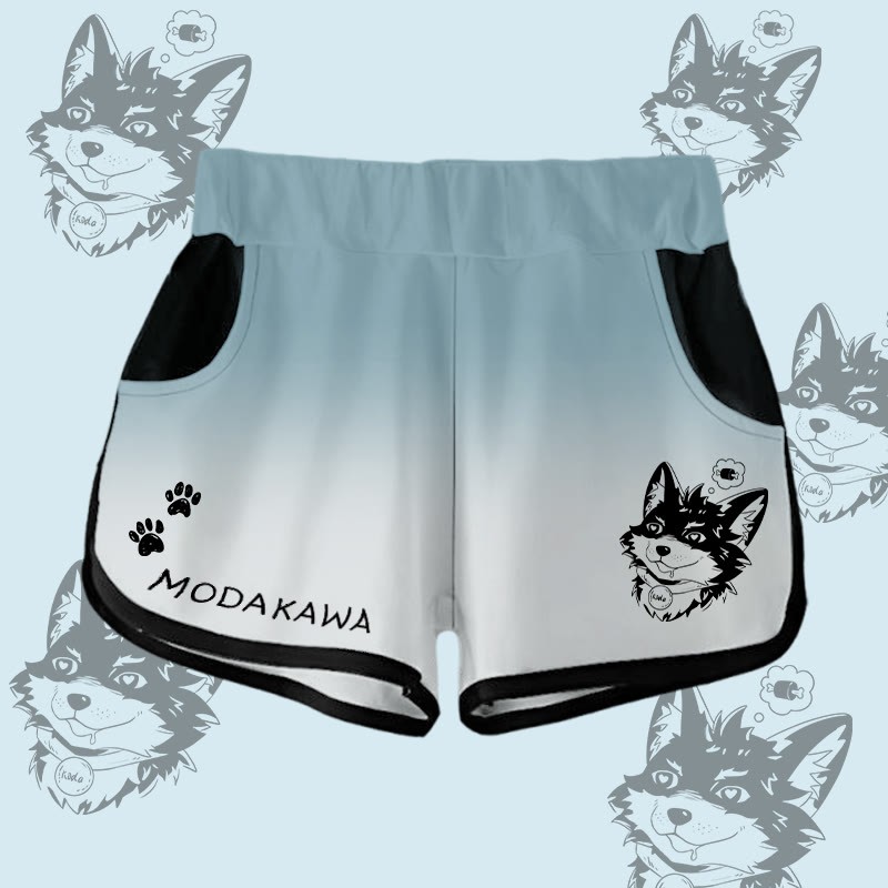 MODAKAWA Gradient Koda Thinking About Meat Graphic Shorts - Teal&White - 5XL - image 3
