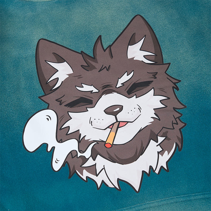 MODAKAWA Kapuzenpullover mit Raucherwelpen-Motiv, Vintage-Waschung, Fleece-Futter - image 2