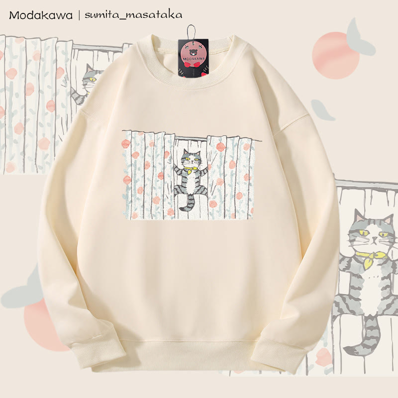 MODAKAWA X sumita_masataka Vorhang Klettern Katze Grafik Unisex Sweatshirt - Beige - 5XL - image 1