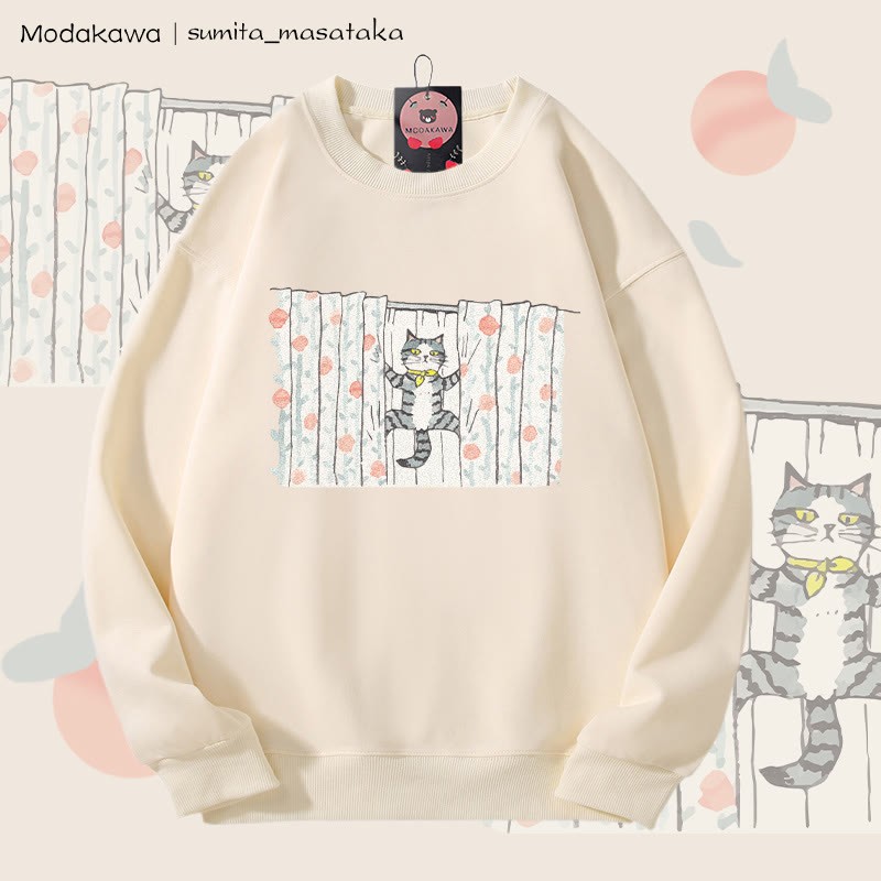 MODAKAWA X sumita_masataka Vorhang Klettern Katze Grafik Unisex Sweatshirt - Beige - 5XL - image 1