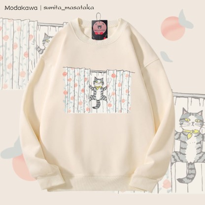 MODAKAWA X sumita_masataka Vorhang Klettern Katze Grafik Unisex Sweatshirt - Beige - 5XL - image 1