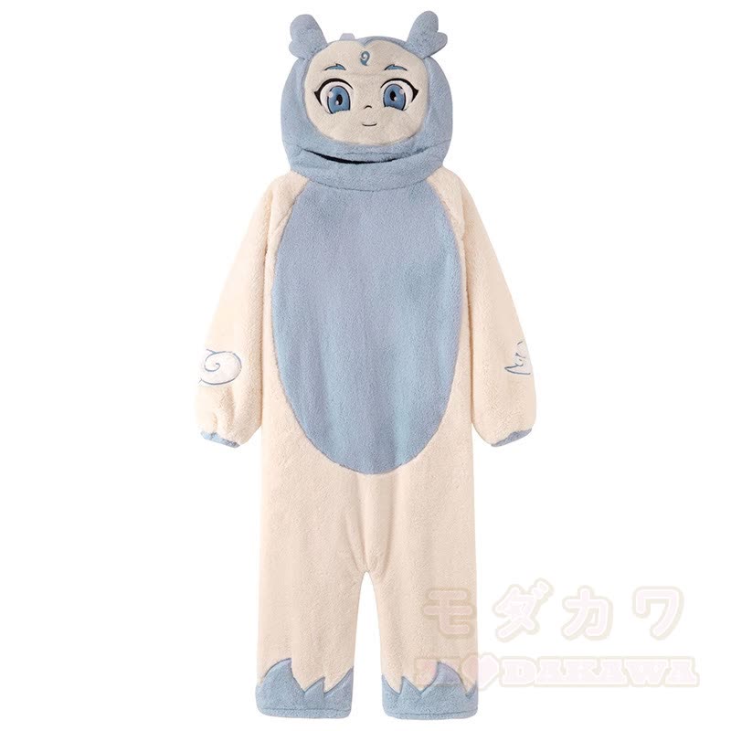 Lustiger Farben abgesetzter Plüsch-Kapuzen-Einteiler-Schlafanzug - Blau - 3XL - image 2