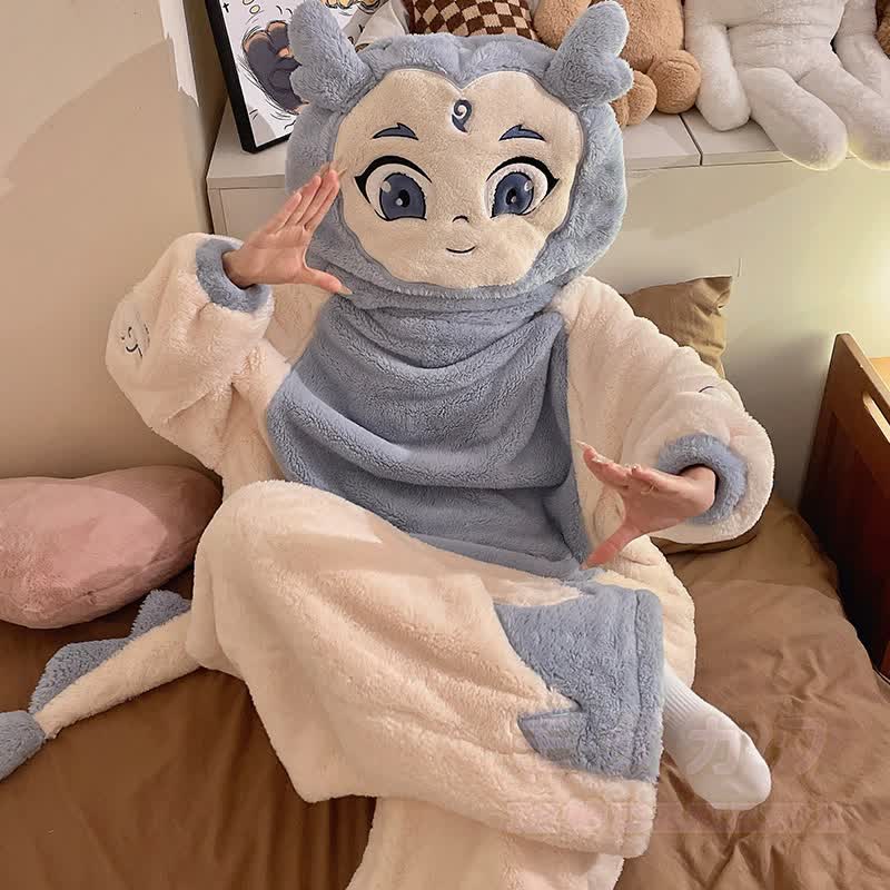 Lustiger Farben abgesetzter Plüsch-Kapuzen-Einteiler-Schlafanzug - image 1